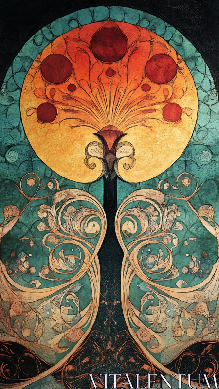 Art Nouveau cosmic tree with symmetrical floral mandala composition