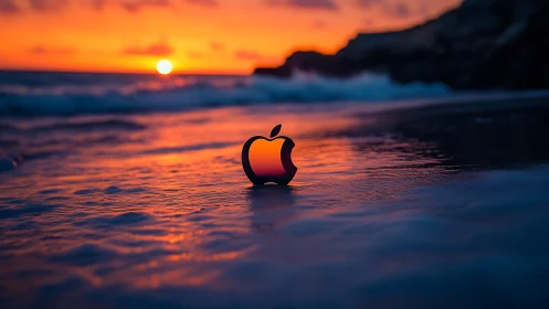 Sunset-lit metallic apple emblem resting in tidal glow.