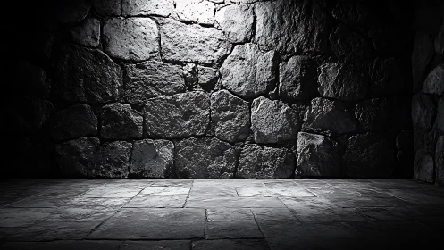 Stone interior wall with overhead light on rough surface.