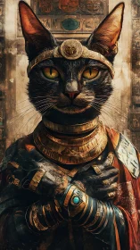 Regal black cat goddess in ornate pharaonic gold regalia.