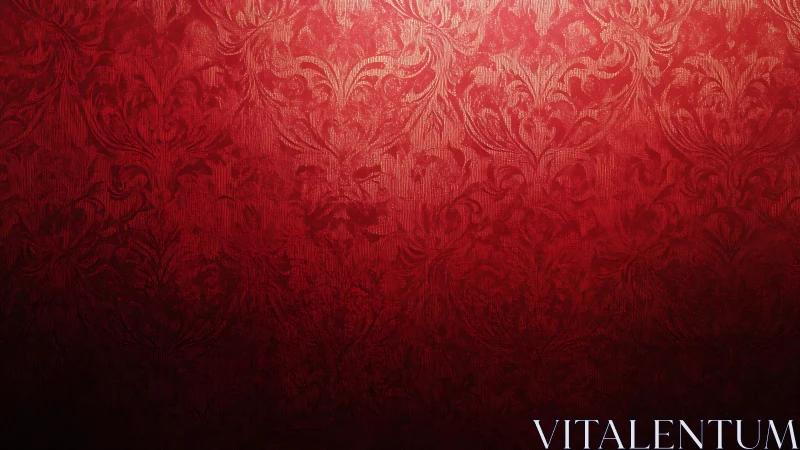 Ornate crimson damask wallpaper under soft vignette glow.