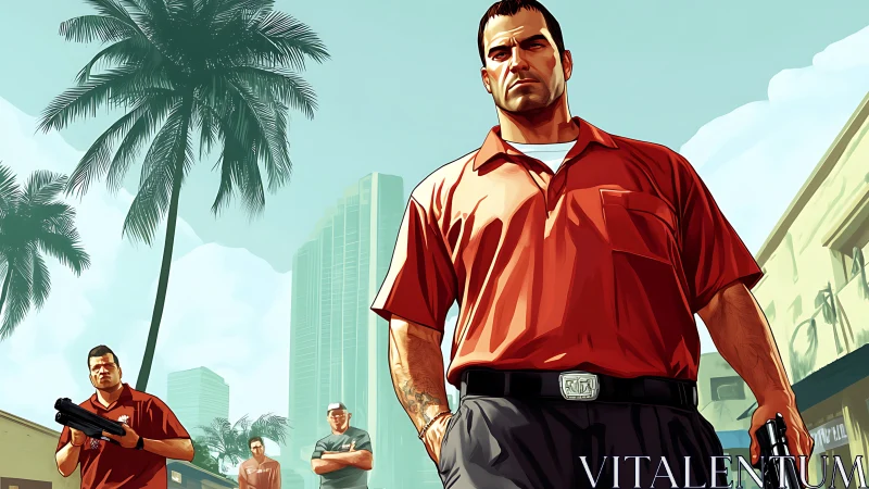 Crime crew stance under palm-lined city skyline.