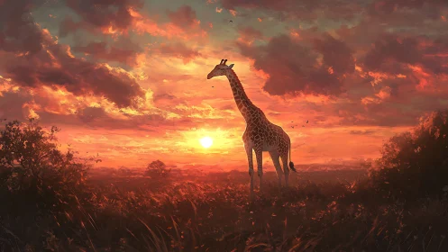 Giraffe silhouette on savanna horizon under fiery sunset sky