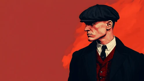 Man in flat cap and suit looks right against red backdrop