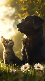 Black Labrador and Tabby Kitten in Golden Meadow Light.