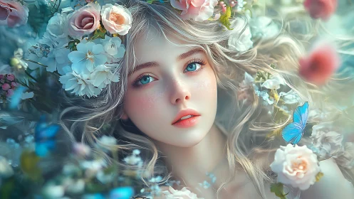 Digital portrait shows young woman framed by flowers and light
