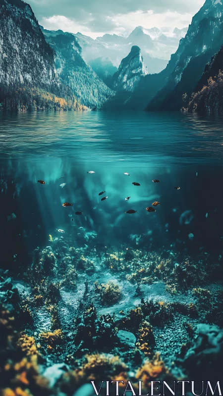 Mountain lake cutaway with underwater reef and fish scene.