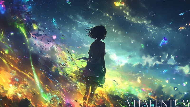 Solitary girl gazes into a swirling cosmic aurora sky