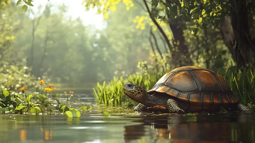Turtle at shallow forest pond edge under soft daylight.