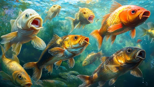 Colorful koi fish swarm in clear underwater river scene.