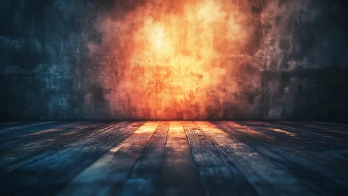Rustic Wooden Floor with Dramatic Warm Lighting and Grunge Wall.