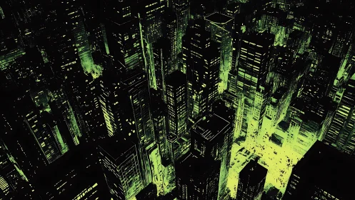 Urban high-rise grid is rendered with monochrome green contrast