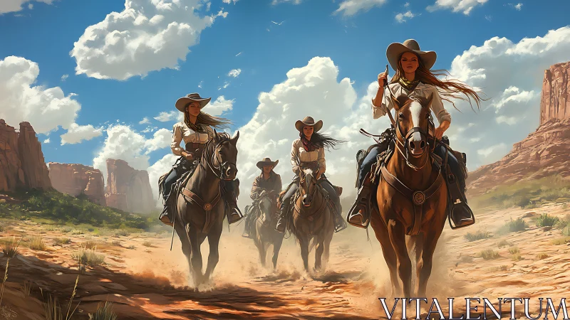 Four Cowgirls Riding Horses Through Dramatic Desert Landscape.