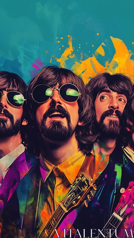 Psychedelic digital painting portrait with mirrored guitarist figures.