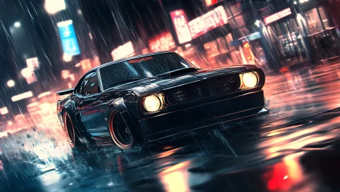 Retro muscle car drifts through neon rain-soaked city street.