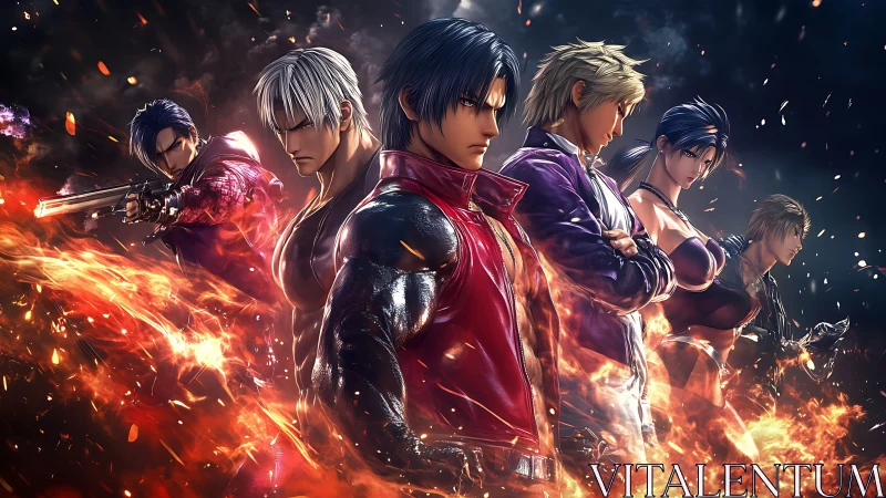 Fiery anime fighters lineup in dramatic battle stance scene.