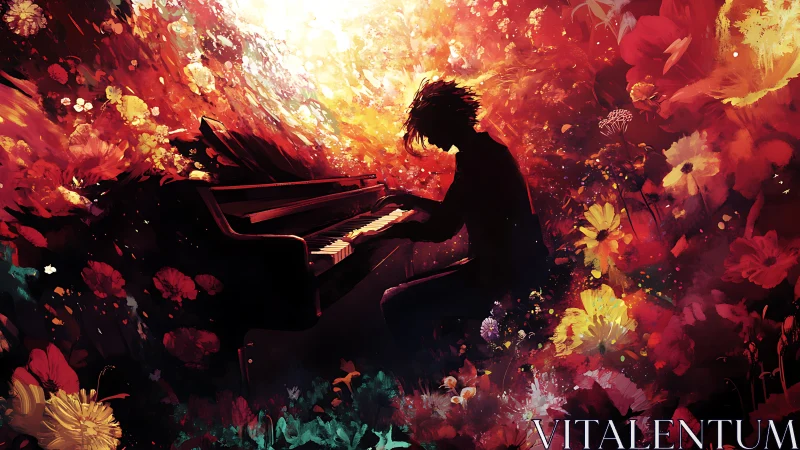 Silhouetted pianist in incandescent floral explosion of color