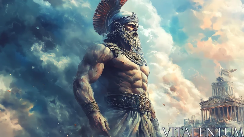 Colossal armored deity dominates neoclassical citadel skyline