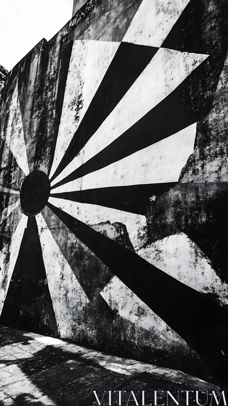 Bold black sunburst mural on weathered concrete wall.