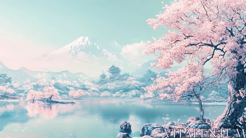 Infrared cherry blossom valley with stratified alpine temple vista.