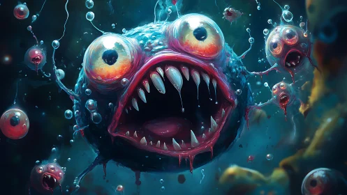 Wild deep-sea monster bellows with glowing, watchful eyes