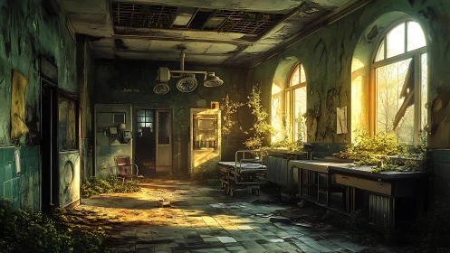 Sunlit greenery gently reclaims a quiet abandoned hospital room