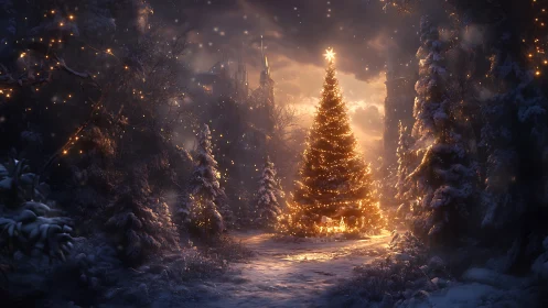Glowing Christmas tree warms a snowy forest path at dusk