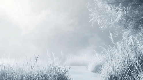 Serene Winter Landscape with Frosted Grass in Soft Morning Light.