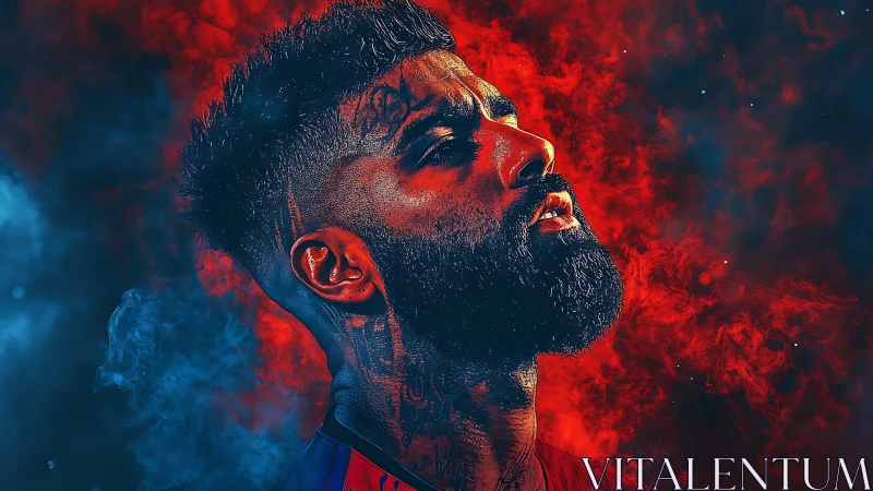 Profile portrait of tattooed man in red and blue smoke field.