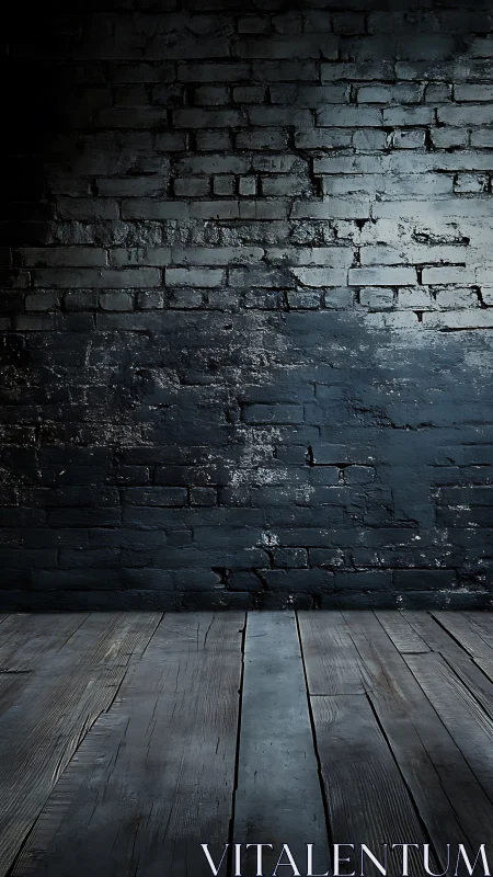 Moody brick wall meets worn wooden floor in dramatic light