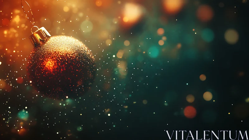 Macro bokeh close-up of glittered red Christmas bauble ornament