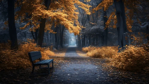 Autumn Park Corridor with Golden Canopy and Solitary Bench