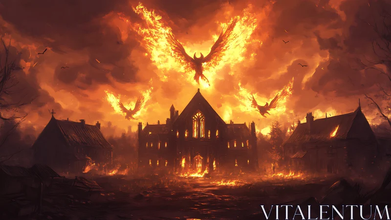 Burning cathedral under fiery phoenix stormy sky scene.