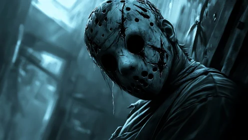 Forensic closeup of distressed hockey mask in cyan gloom.