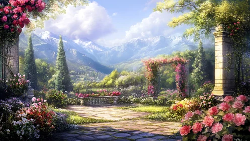 Terraced rose garden courtyard framed by snow-capped alpine range