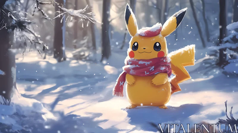 Pikachu in diffuse winter forest illumination, scarfed and static.