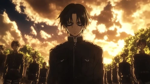 Storm-eyed cadet marches forward beneath burning clouds