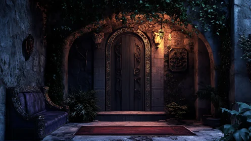 Ornate arched wooden door in dim ivy covered stone entry