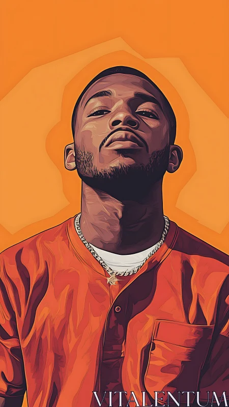 Stylized portrait of confident man in orange shirt.