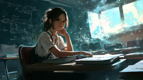 Quiet afternoon study glow with a thoughtful classroom girl.
