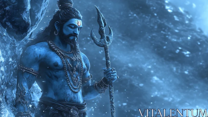 Divine blue warrior stands calm amid swirling icy mist.