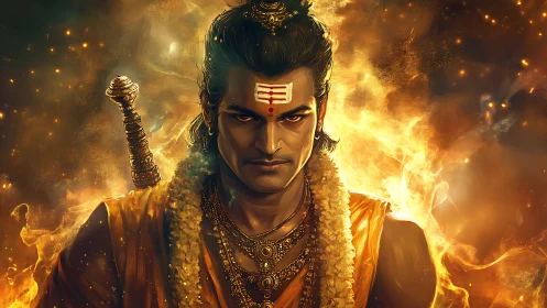 Warrior priest stands within blazing golden firestorm.