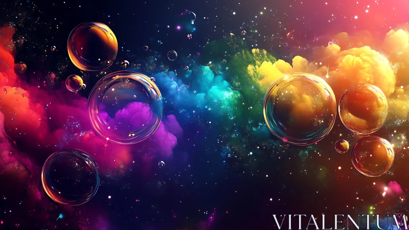 Soap bubbles float across multicolored cosmic nebula clouds