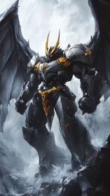 Dark armored winged mech warrior stands amid swirling storm.