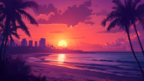 Coastal city shoreline at sunset with silhouetted palm trees.
