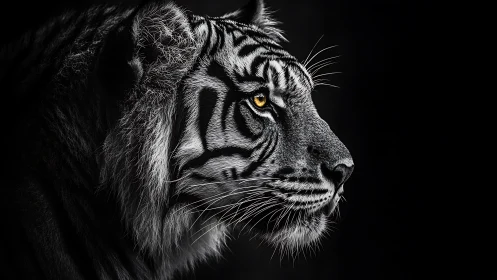 Golden-eyed tiger in quiet profile against deep shadow.