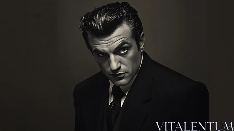 Brooding man in dark suit gazes upward under low key light