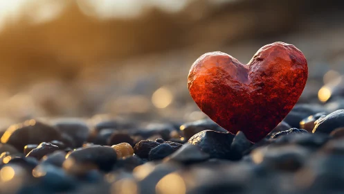 Red Heart Stone Rests on Rocky Beach in Golden Sunlight