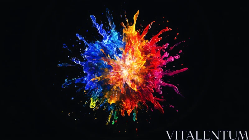 Radial multicolor paint splash on uniform black background.