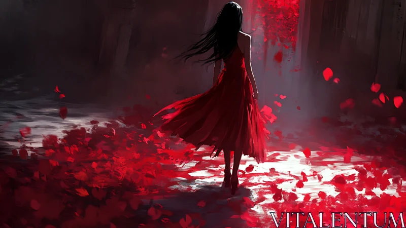 Scarlet wanderer strides through a storm of falling petals.